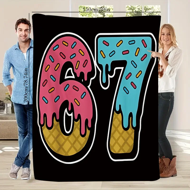 Number 67 Printed Blanket - Soft Flannel Bedspread with Arabic Numerals, All-Season Cozy Bed Cover for Christmas Gifts