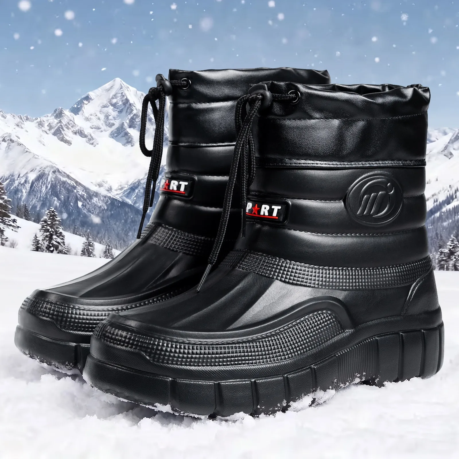 Winter Herren Baumwollschuhe mit Samt und warmem Leder, dicker Sohle, Kordelzug, hoher Schaft, schwarz, Outdoor, kältebeständig, Schneestiefel – Detail 1