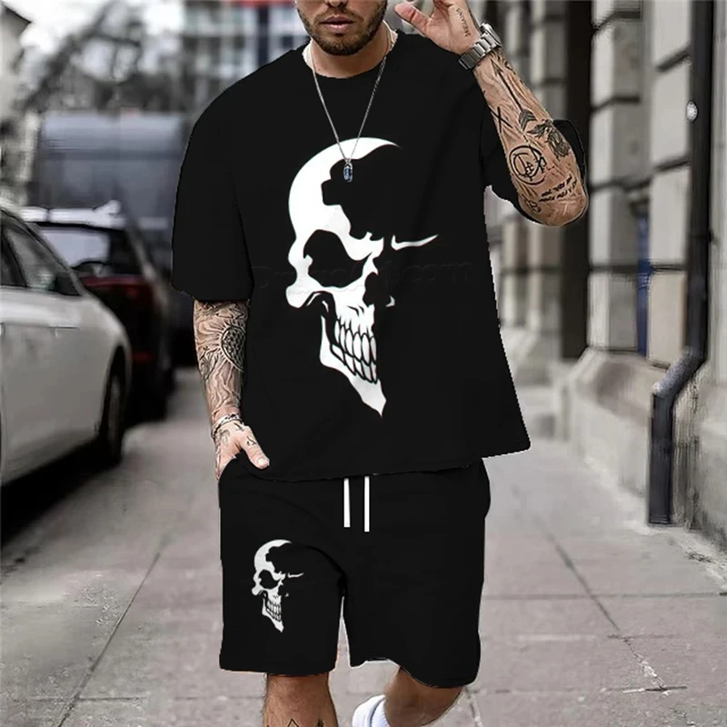 

Summer New Casual Men's Skull Print T-Shirt Set Fashion Streetwear Tees Loose Oversized Breathable Soft Short Sleeves And Shorts