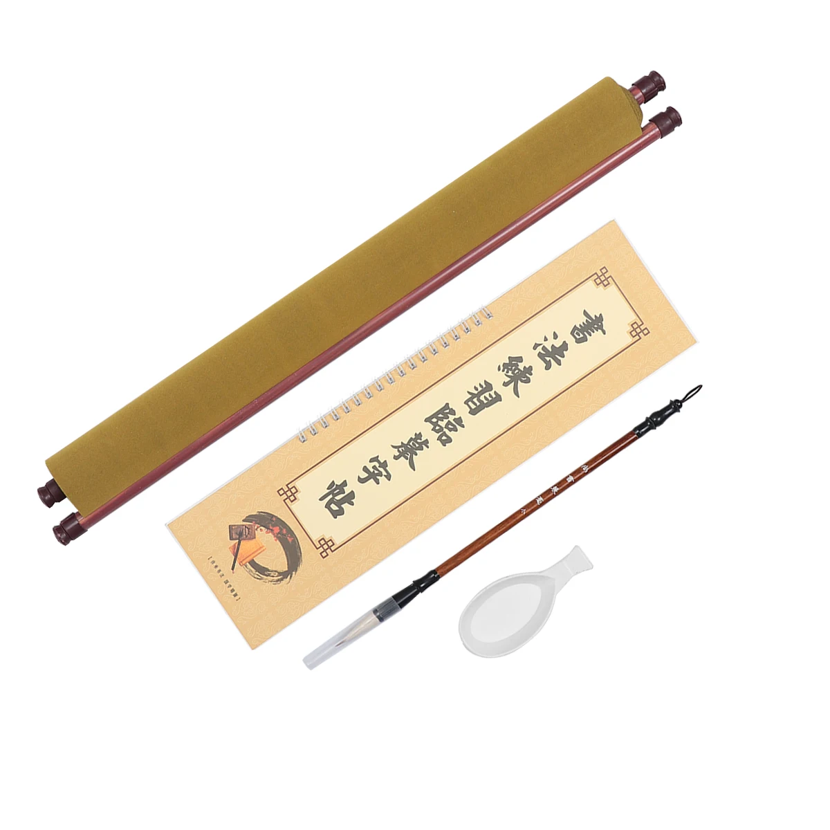 

4pcs Rice Cloth Calligraphy Writing Set Premium Brush Copybook Bamboo Water Dish Practice Supplies for Chinese Brush Painting