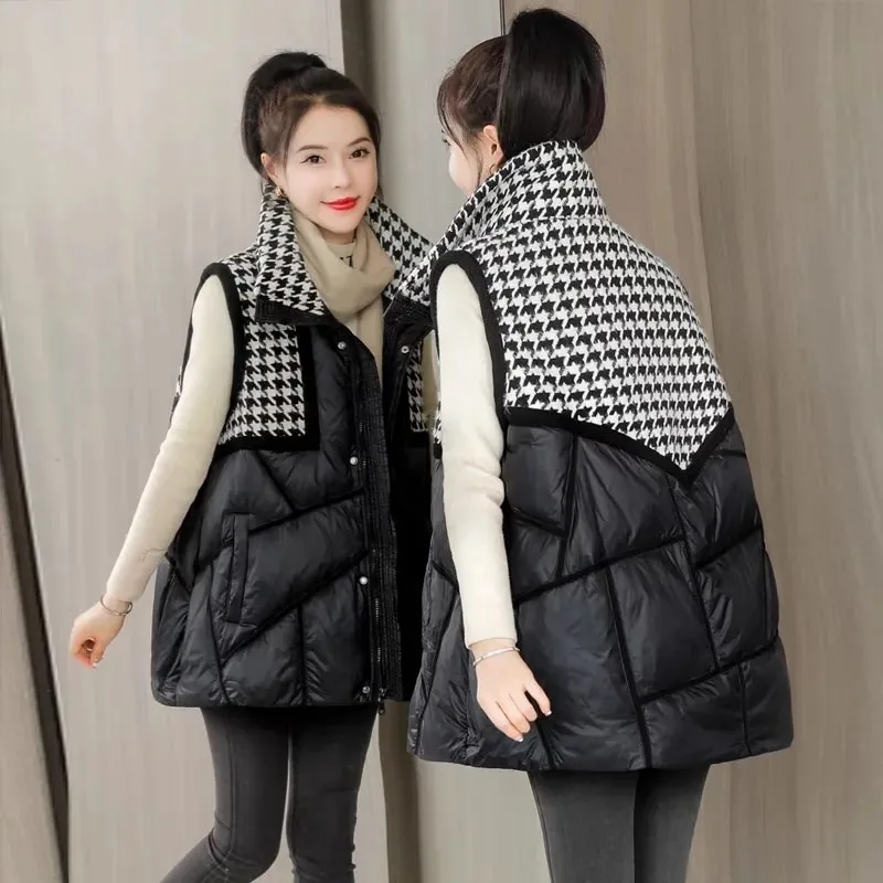 New Womens Plaid Splicing Down Cotton Vest Coat Autumn Winter Black Sleeveless Cotton Jacket Female Casual Warm Puffer Waistcoat