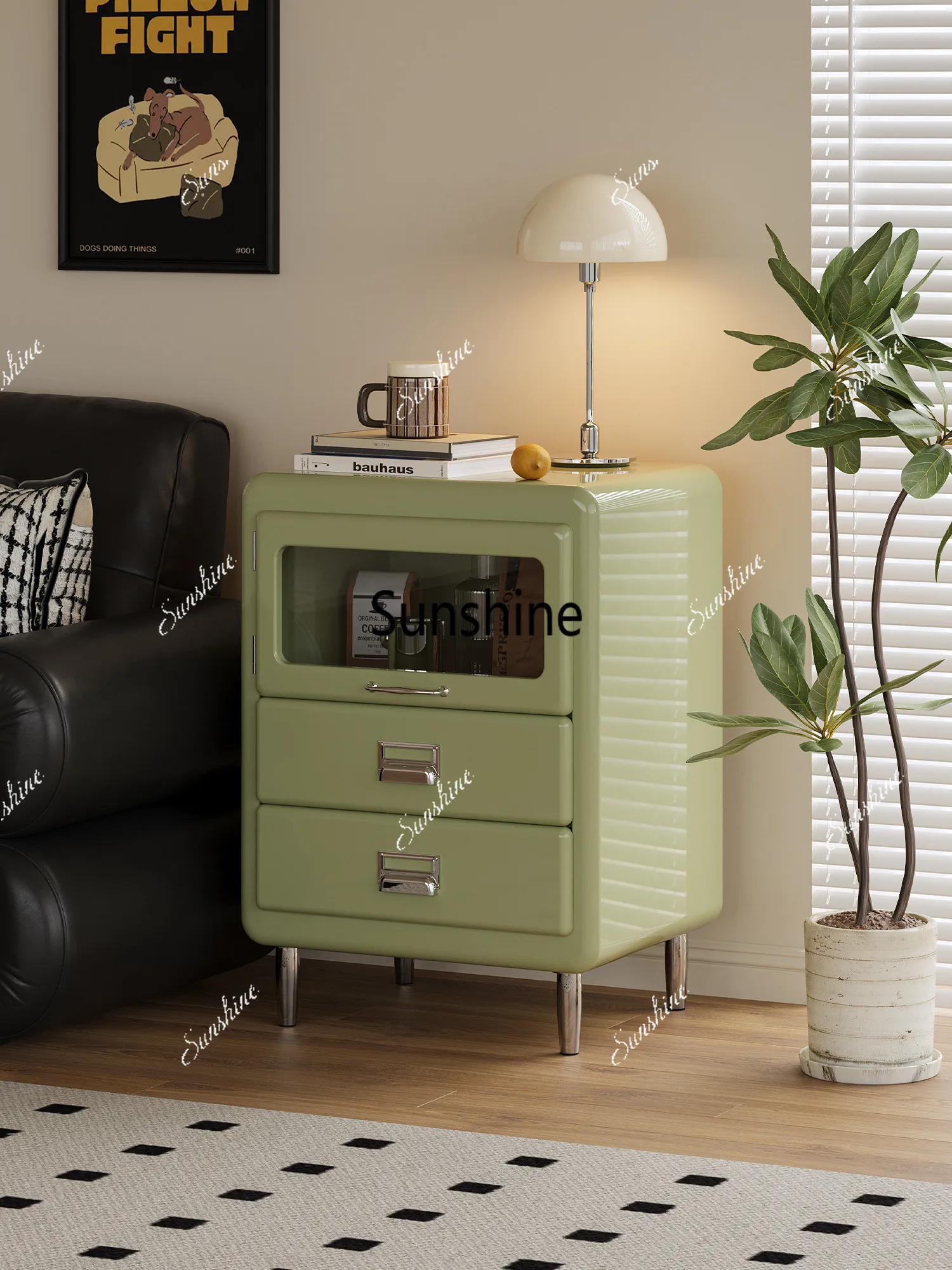 Vintage three-bucket cabinet, bedroom bedside table, glass drawer, storage cabinet