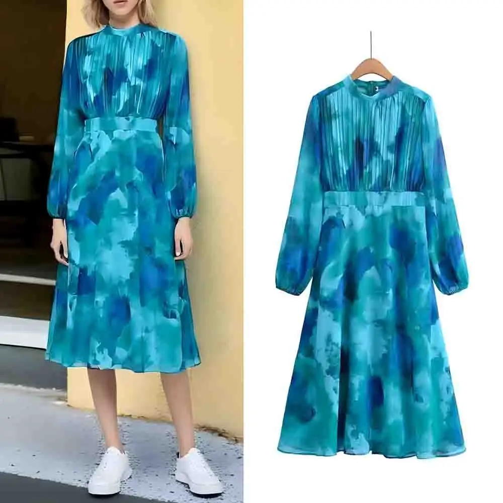 

Women's 2025 new fashion pleated decoration casual versatile halo printed Midi dress retro long sleeved women's dress