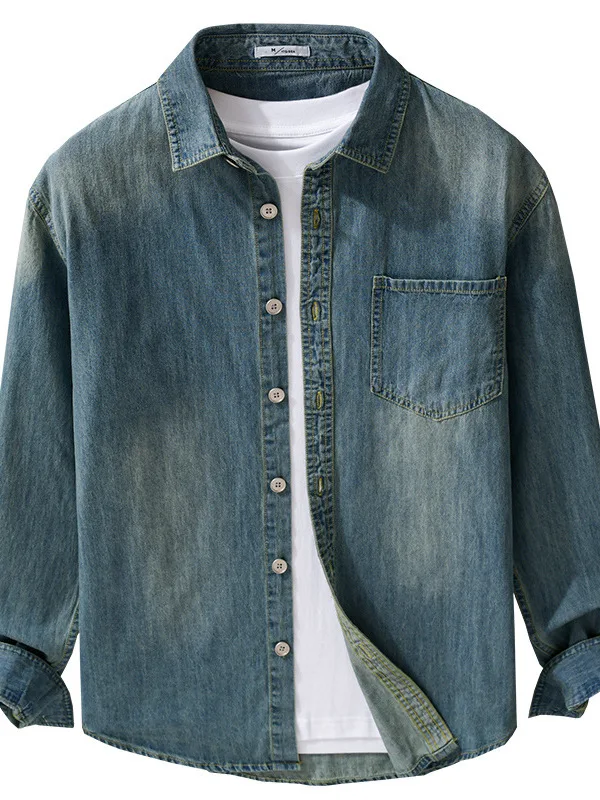 Retro Washed Long Sleeve Cotton Denim Shirt Men's Autumn New Style Japanese Street Full Cotton Shirt Jacket Design Sense