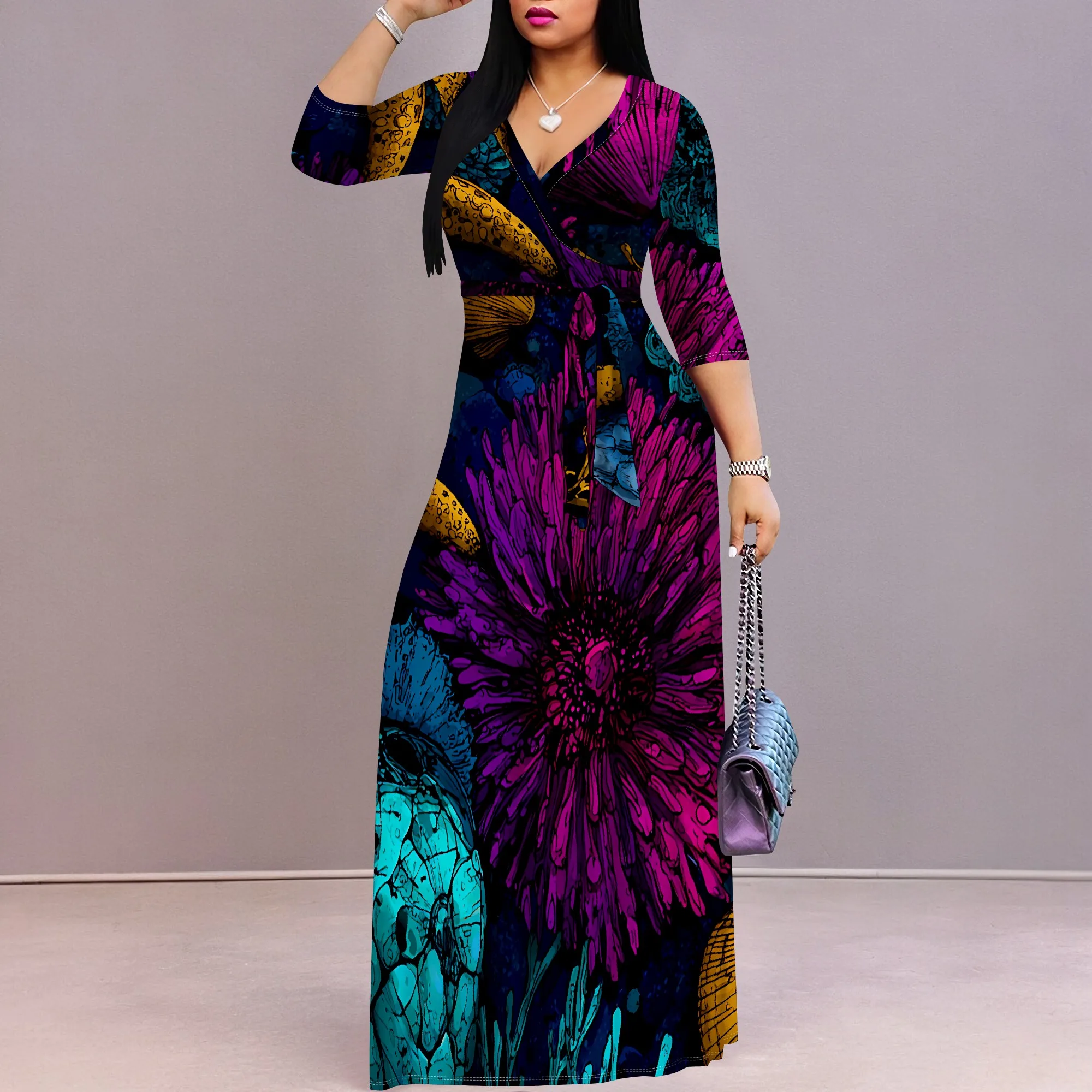 Vestido maxi feminino com decote em V e manga 3/4 com bolso e cinto