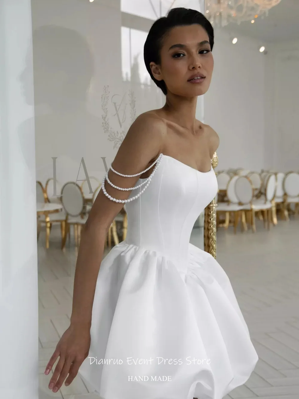 Dianruo White Satin Mini Wedding Dress A Line Pearls платье на выпускной Pleated Puffy Girly Dress Party Dresses Customized