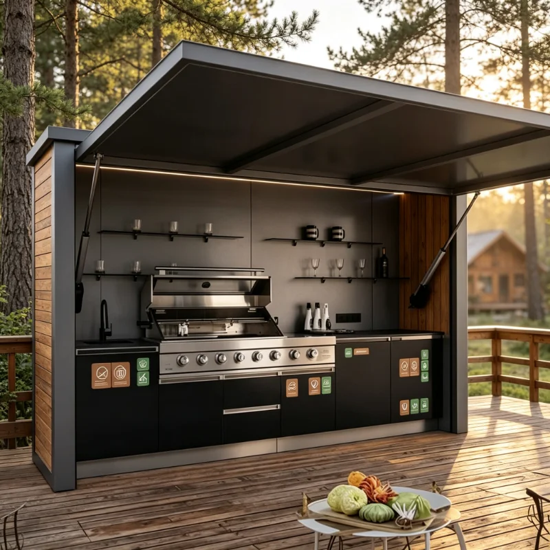 Durable Portable Aluminum Outdoor Kitchen, Customized Full Set Kitchen Cabinets & Stone Island Equipped with Tailgate Grill
