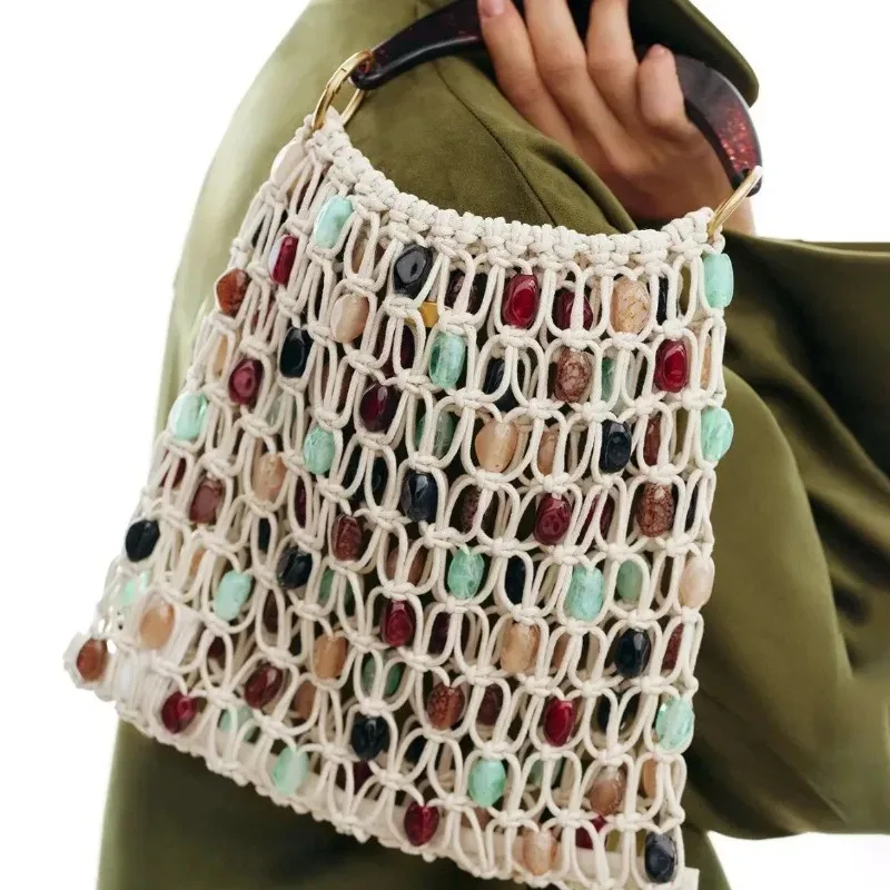 

Bohemian Rope Crochet Women Bag Color Beading Beach Bags for Women Handmade Hollow Knitting Handbags and Purses Woven Bag NEW