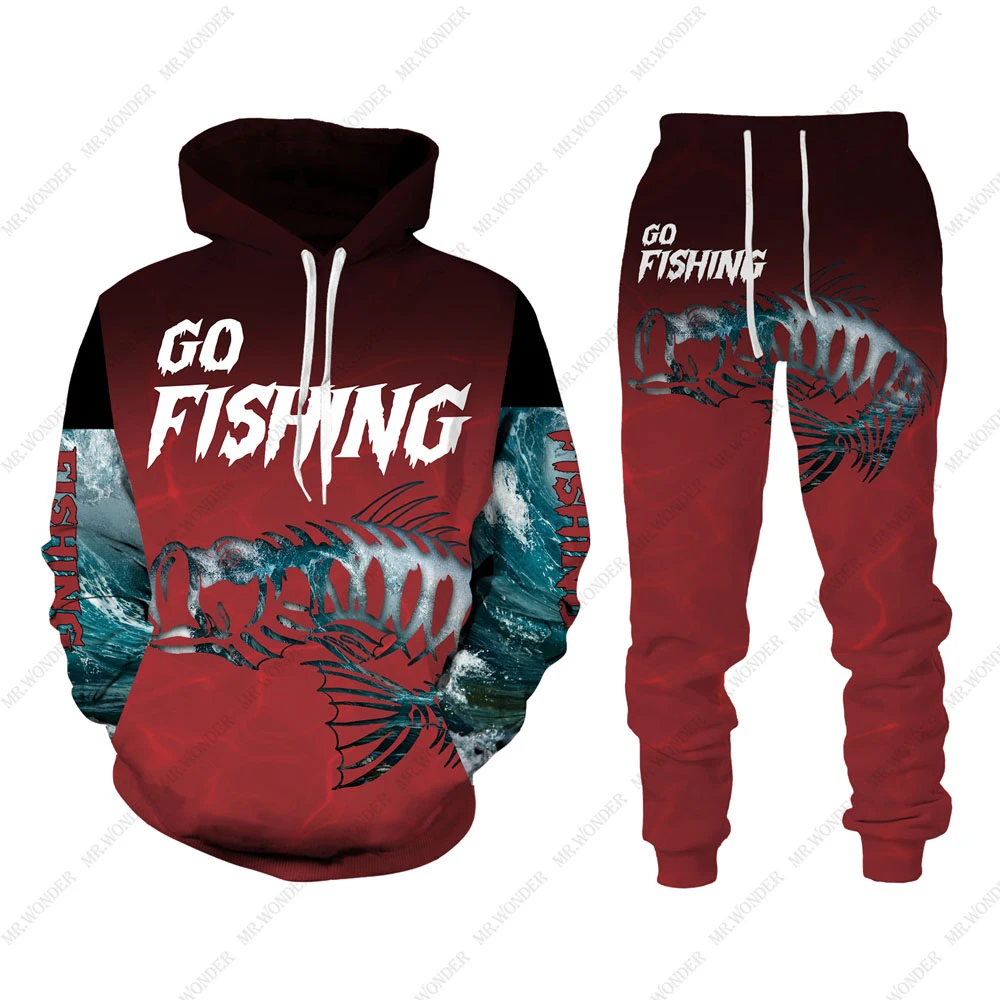 Go Fishing 3D Print Men's Tracksuit Sets Casual Hoodie + Pants 2pcs Sets Animal Fish Hunting Camo Hoodie Sets Trend Men Clothing