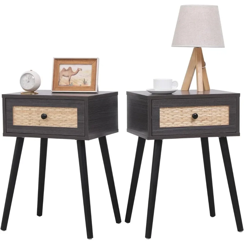 Set of 2 Nightstands, End Side Bedside Table with Storage Drawer and Solid Wood Legs, Mid-Century Modern Night Stands