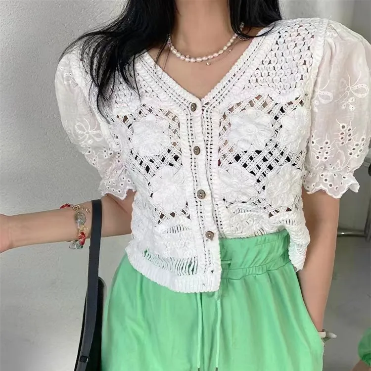 Japanese Style Puff Sleeve Single Breasted Lace Crop Top Women Summer Fashion Casual Elegant Lovely Ladies Blouses Dropshipping