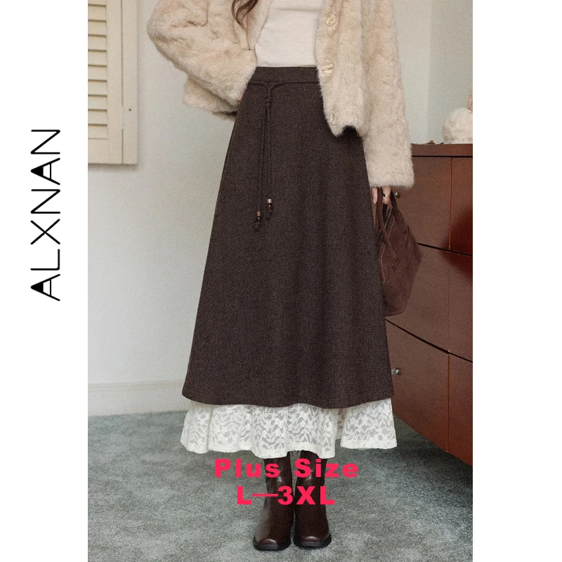 ALXNAN Plus Size Women's Midi Skirt 2026 Lace Patchwork Brown Elegant Vintage Fashion Casual Long A-line Skirts Female D59519