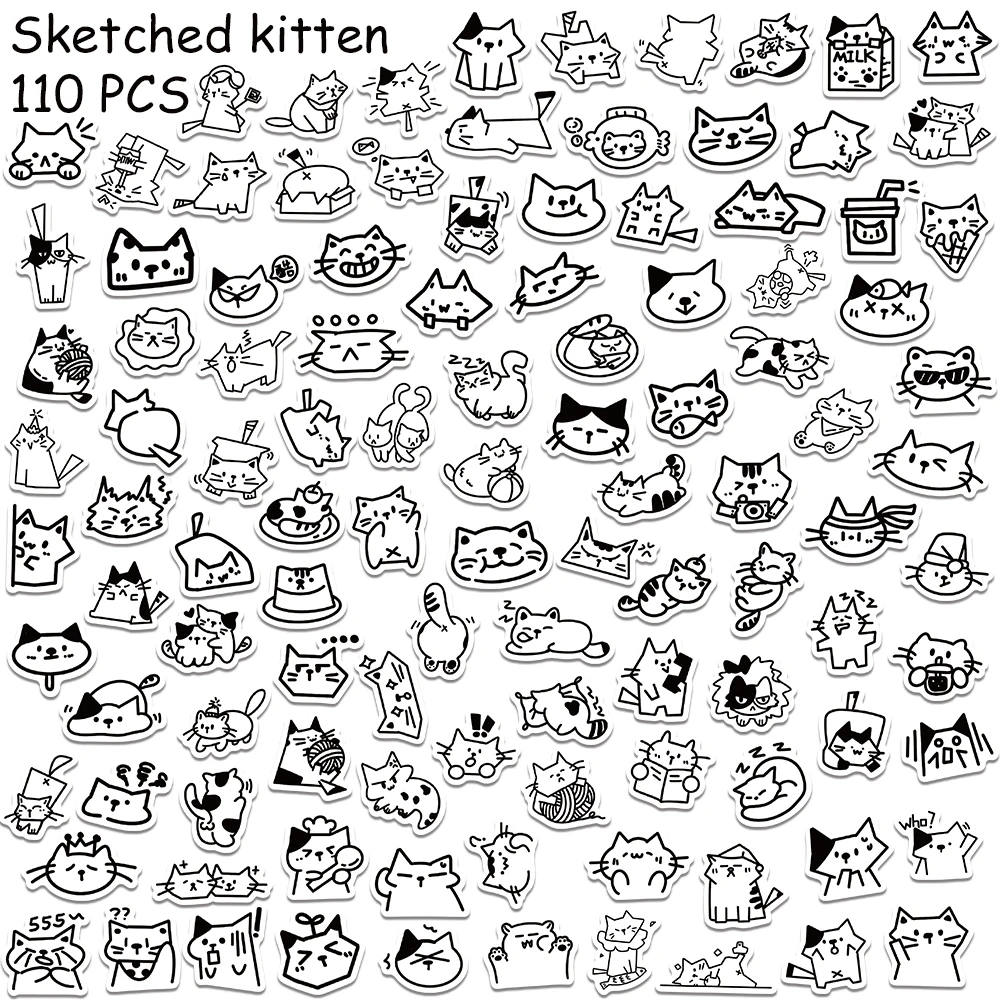 110 stücke Cartoon Nette Skizzen Kätzchen Aufkleber Aufkleber Für Telefon Sammelalbum Skateboard Gitarre Helm DIY Graffiti Ästhetische Aufkleber – Detail 8