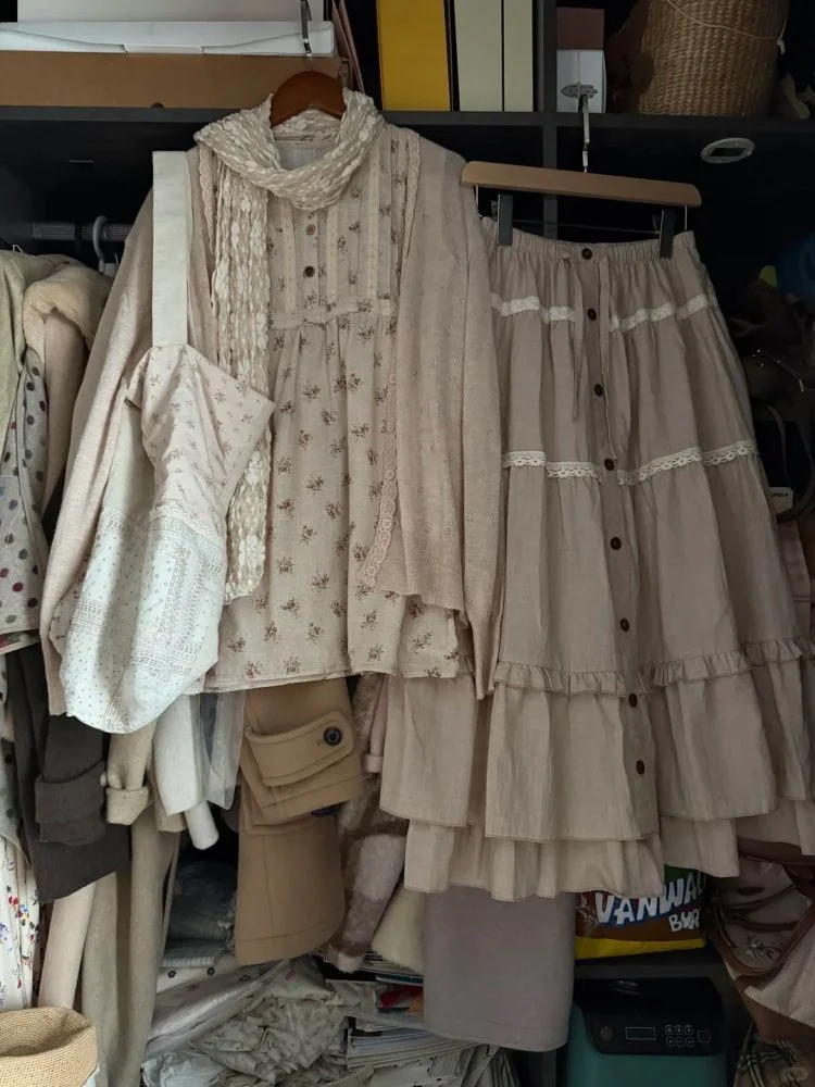Wild Jasmine Simple Floral Cardigan Three-Piece Set Forest System Country Girl Style Half Skirt Suit Sweet Style Autumn Fashion