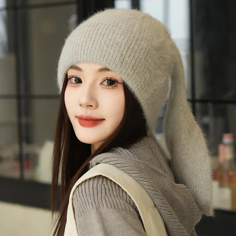 Hat Women Winter Angora Knit Beanie Rabbit Ears Design Autum Warm Accessory For Cold Weather Outdoor Skiing Sports Holiday