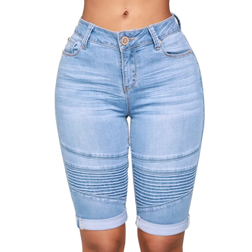 

Casual Women Blue Denim Shorts High Waist Distressed Jeans Shorts Cuffed Hem Denim Capris Ruched Detail Jean Shorts For Woman