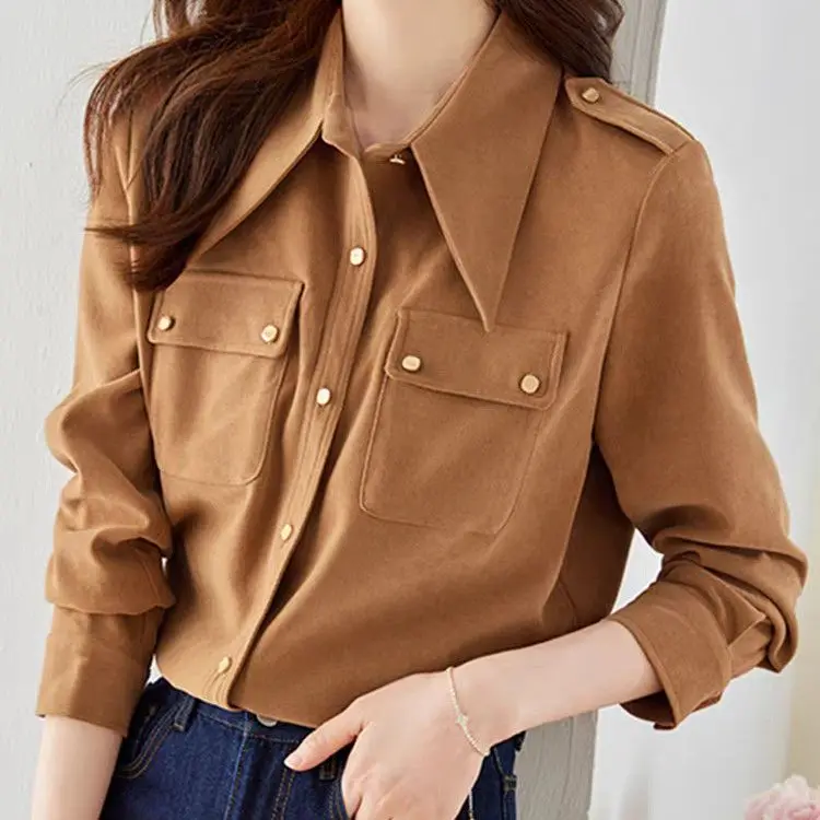 

retro design pointed neck long-sleeved shirt women's spring and autumn new niche versatile professional top for wear outside