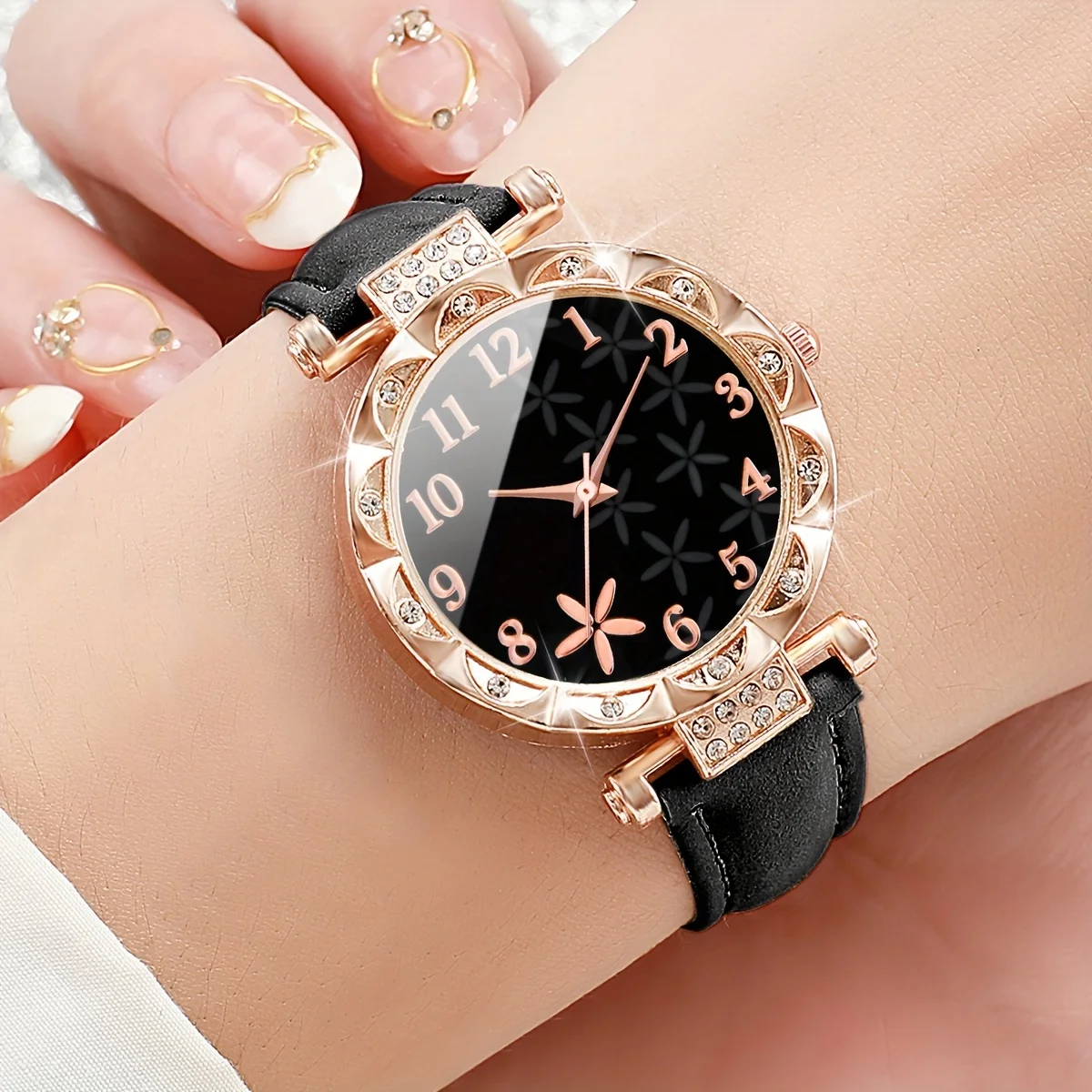 3pcs  women's fashionable PU cute dial quartz watch set in black, white, and pink (box not included)