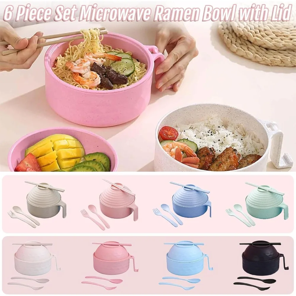 Microwave Ramen Bowl 6-Piece Set Ramen Bowl Set Ramen Noodle Cooker with Lid and Handle Comes with Spoon and Fork for Home