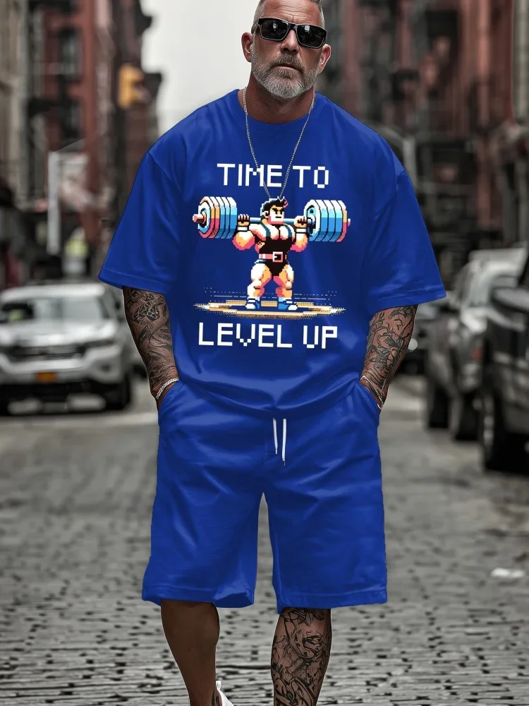 Summer Plus Size Men's Streetwear 2 Piece Outfit Level Up Rooster Alpha Graphic Printed Short Sleeve T-Shirt and Shorts Sets view 2