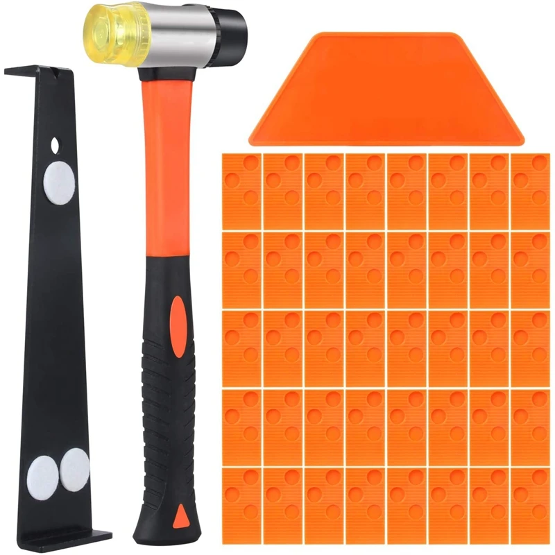 

Laminated Wood Floor Installation Tool Kit With Tapping Block Rod, Reinforcement Hammer And 40 Wedge Spacers