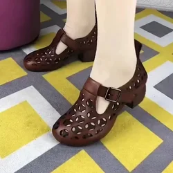 NEW Hollow Women Pump Fishnet Mesh Sandals 2024 Summer Handmade Retro Female Shoes Square Toe Sandals Women Heels Hsigh Sandals