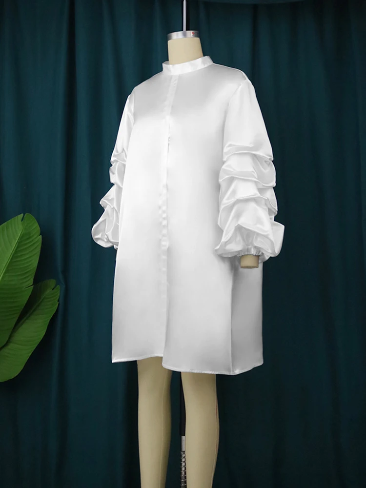 Robe en Satin Blanc à Manches Bouffantes et Col Haut pour Femme, Longueur aux Genoux, Décontracté, Chimressé, Bureau, Club, ixd'Anniversaire