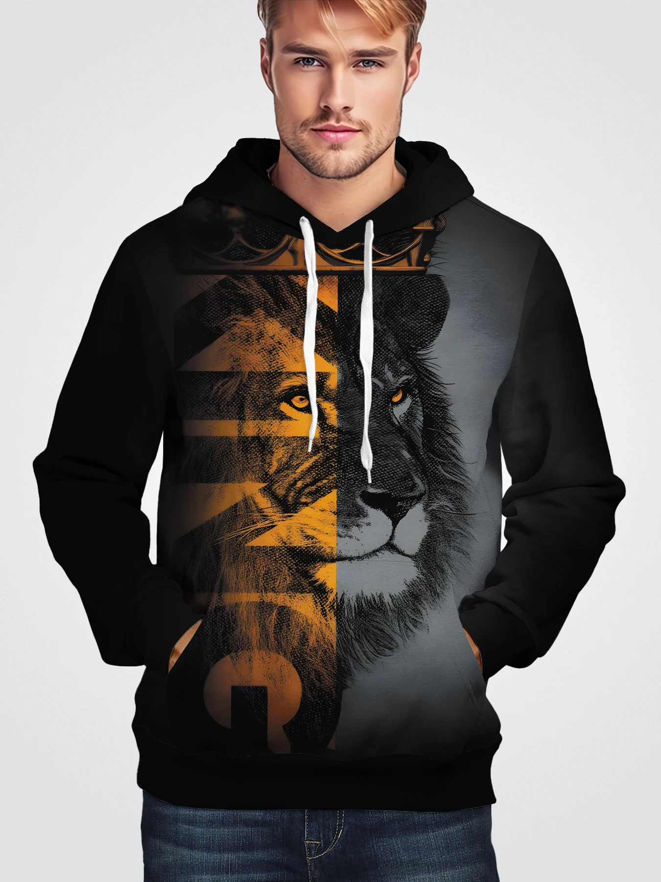 

King Lion Pattern Print Men's Casual Hoodies Long Sleeve Pullover Hooded Sweatshirt Spring Fall Men's Clothing 3D Printed Tops