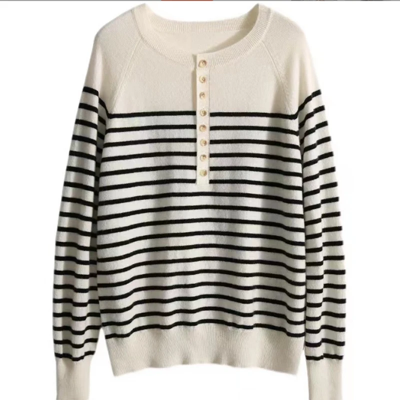 2023 Autumn new vintage French knit, round-necked button-down top, black-and-white striped long-sleeved sweater for women