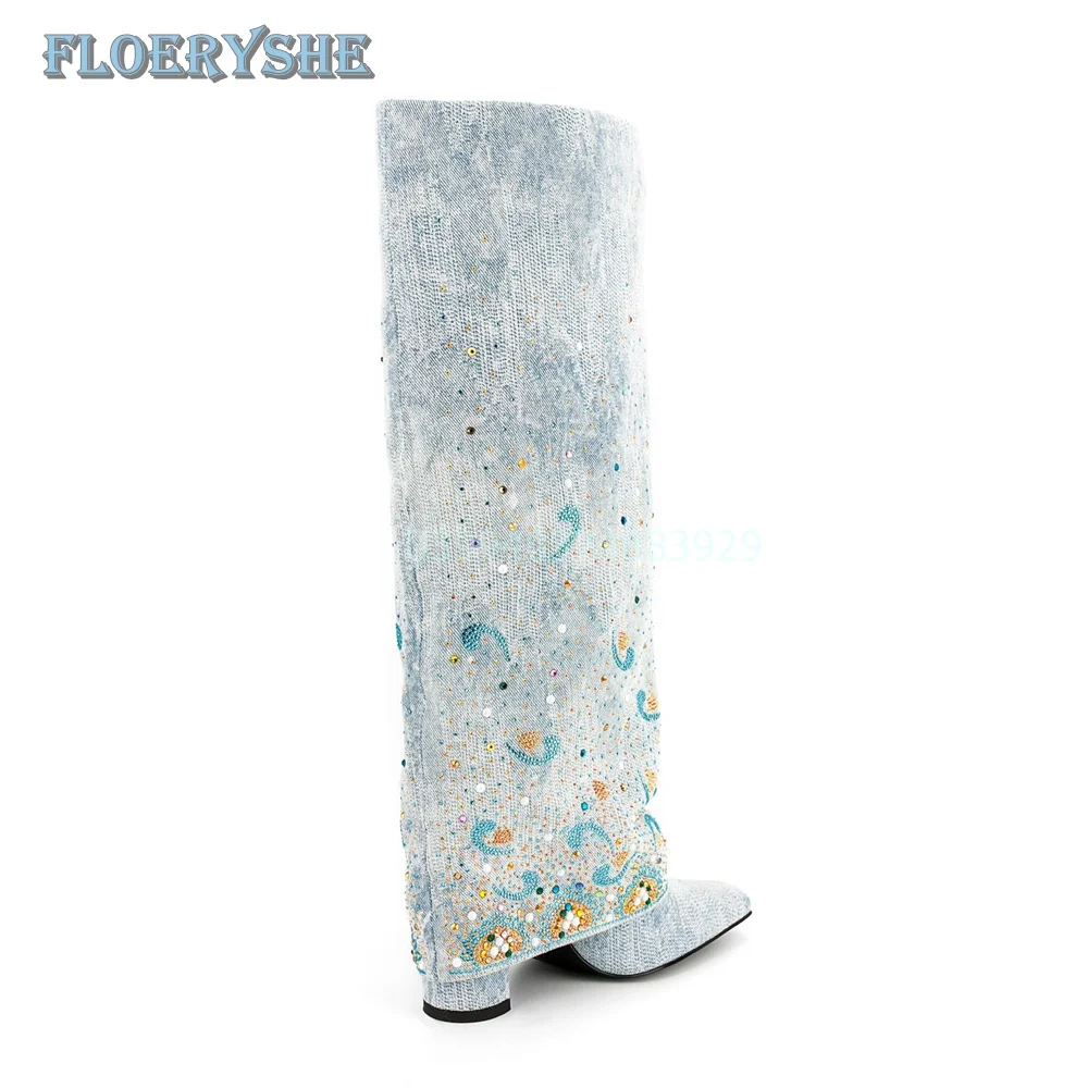 Rhinestone Cowboy Boots Knee-high Mixed Color Luxury Blue Chunky 2024 Design Winter Women Shoes Square Toe Light Blue Flanging