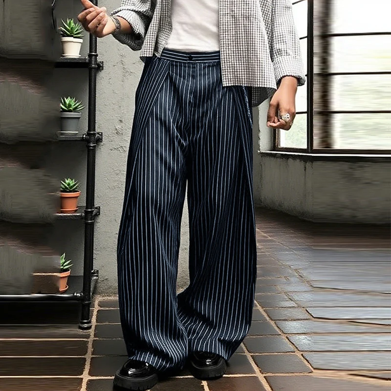 INCERUN Men Striped Pants Button Joggers Loose Casual Wide Leg Trousers Men Streetwear 2025 Fashion Leisure Long Pants S-5XL