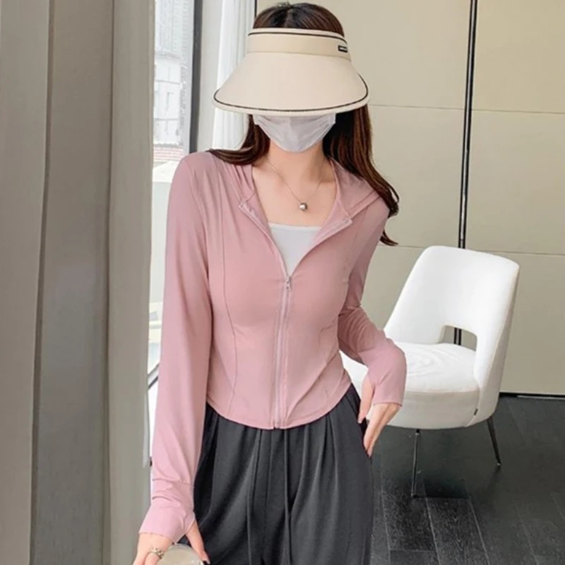 

UPF 50+ Women Sunscreen Hoodie Coat Solid Color Thin Ice Silk Summer UV Protection Long-sleeved Jacket Breathable Shirt Clothing