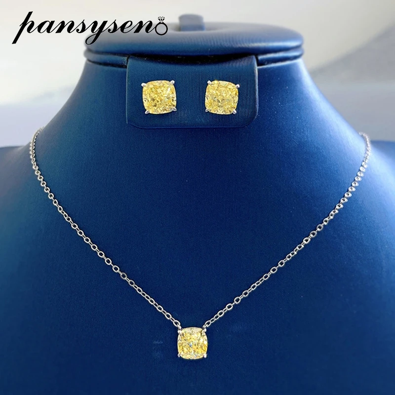 

PANSYSEN 925 Sterling Silver 7MM Cushion Cut Sparkling High Carbon Diamond Necklace Stud Earrings Jewelry Set Wedding Party Gift