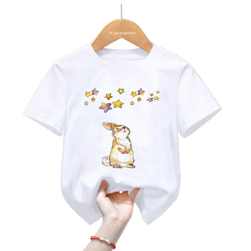 Bunny Love Star Print T Shirt Girls/Boys Funny White Pink Tshirt Harajuku Kawaii Kids Clothes Summer Fashion T-Shirt Tops