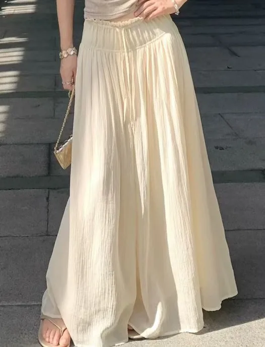 Elastic Drawstring High Waist Women Textured Wide Leg Pants Solid Loose Flowy Culottes Casual Long Skirt Trousers