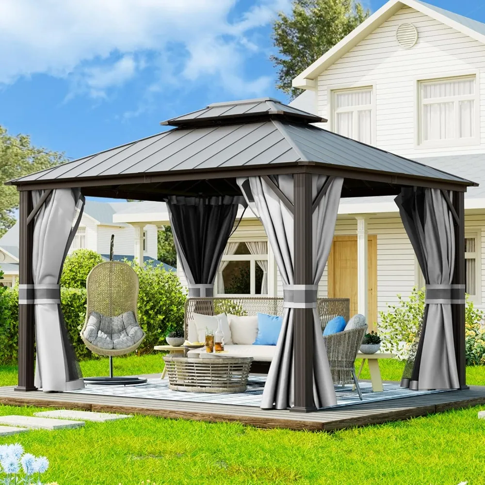 gazebo10 x12Hardtop Gazebo, Galvanized Steel Double Roof Permanent Aluminum Gazebo, Outdoor Metal Pergolas with Mosquito Netting