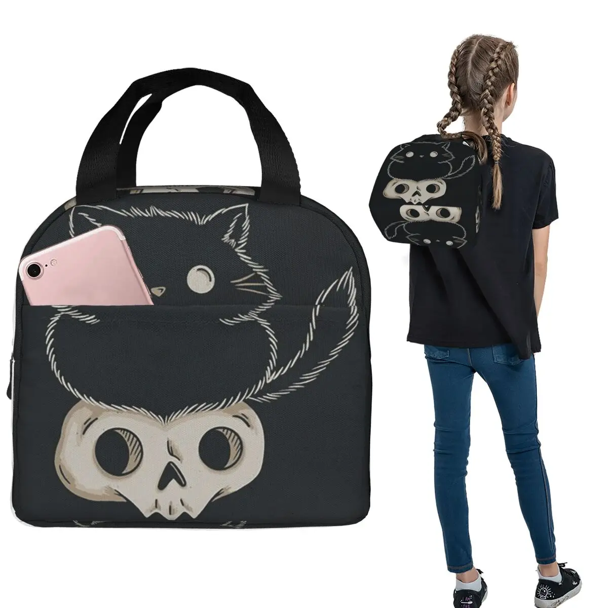 Gothic Black Cat Stand On Skull Insulated Lunch Bag for Women Children Portable Food Boxes Thermal Lunch Box Tote