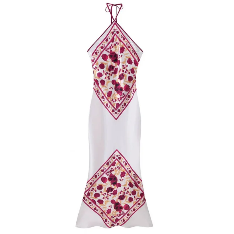 QICHE Women European‑American Sexy Party‑Style Halter Satin Dress With Positioning Floral Print