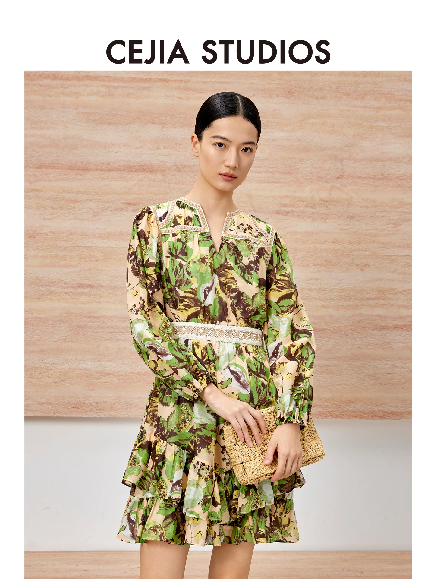 

CEJIA Silk Floral Print Holiday Dr with Lace Hem Long Sve Women's Dr Spring Summer New Sle Ci Commute C...