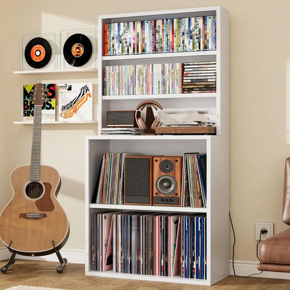 5-Tier White CD/DVD Storage Rack with Record Player Stand, Media Cabinet for CDs, DVDs, Albums, Books & Games, Vinyl Record Hold