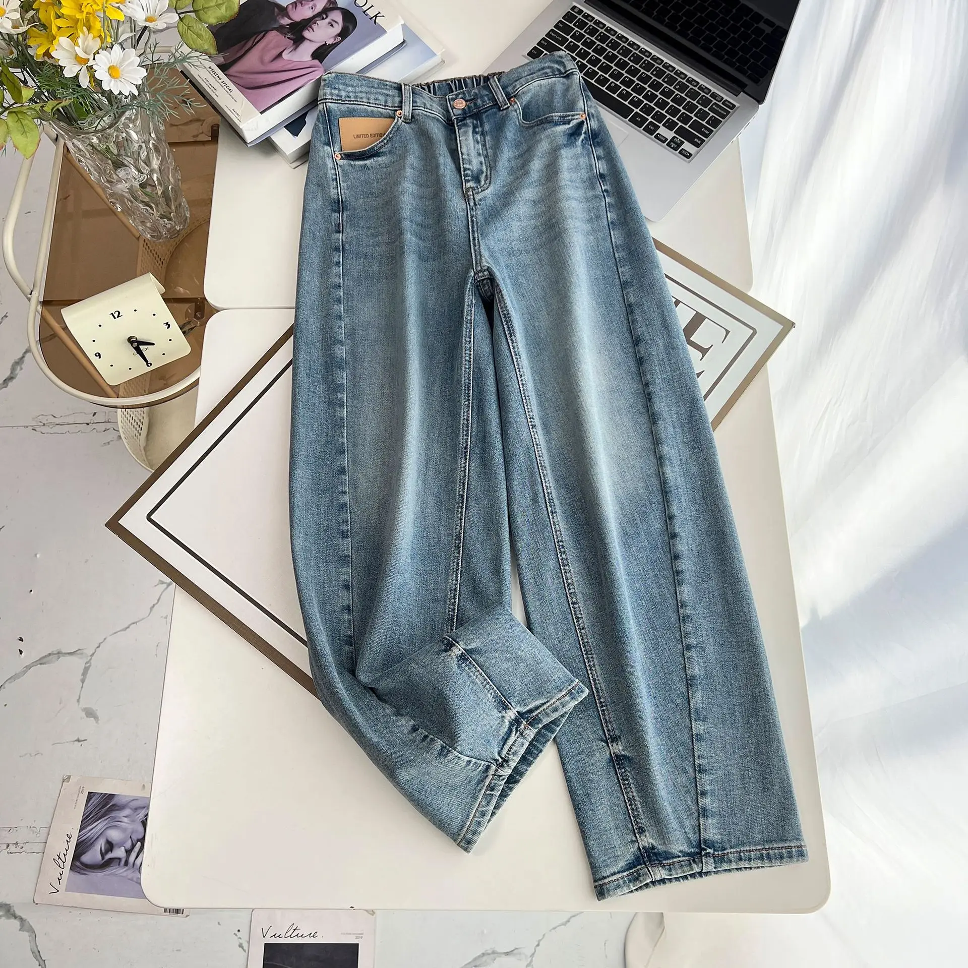 2025 primavera otoño novio Jeans nuevo 100kg diseño Premium curvado de talla grande mujeres Denim Harem pantalones largos 107