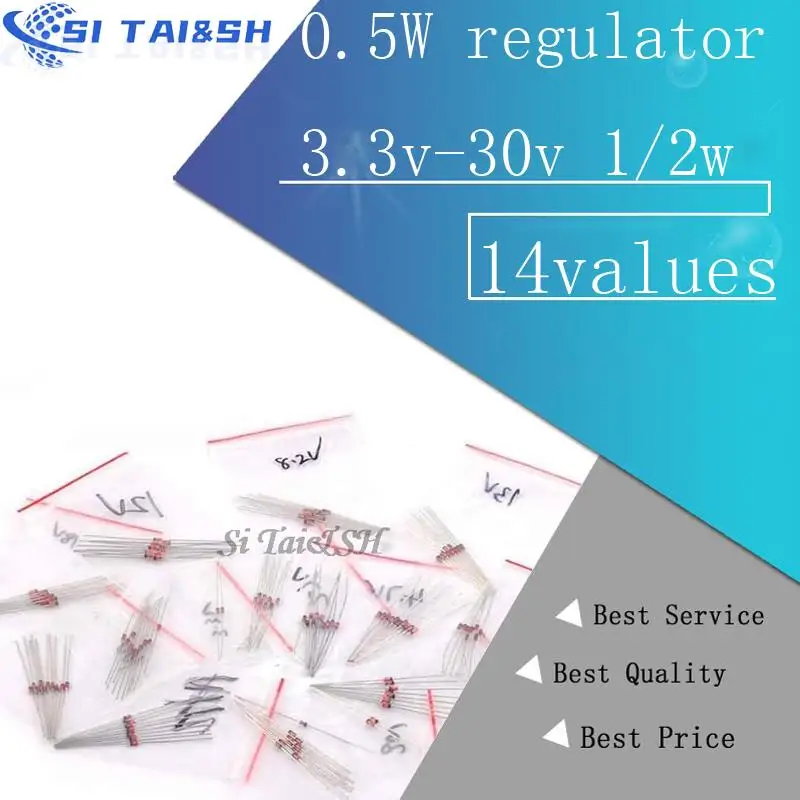 14values*10PCS=140PCS 0.5W regulator 3.3v-30v 1/2w   Diode component Assorted kit package new and original