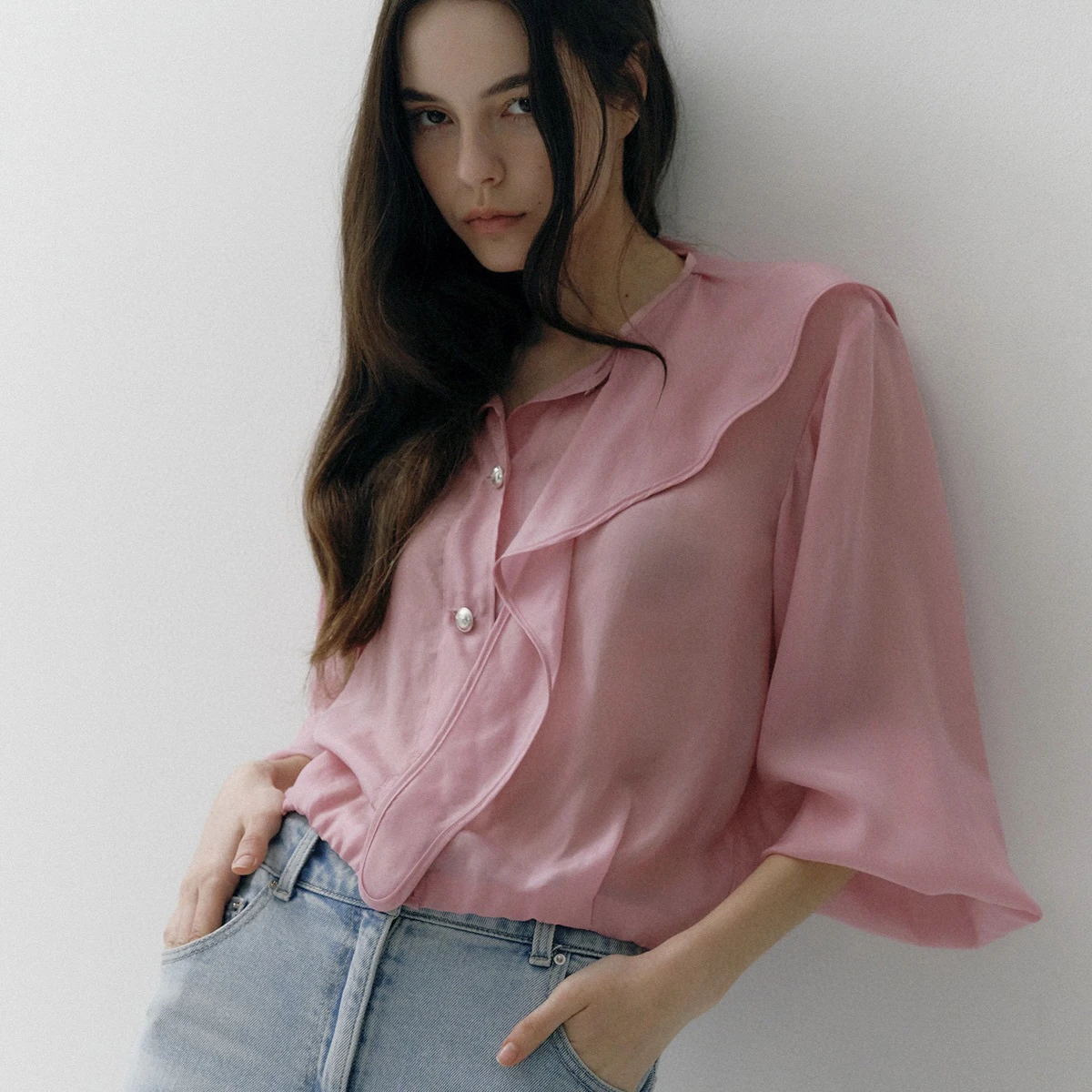 

LAN25 Summer New Sle Thin Korean Version Lace Collar Commute irt Women's Loose Fit Long Sve Silk Feel Fiber irt