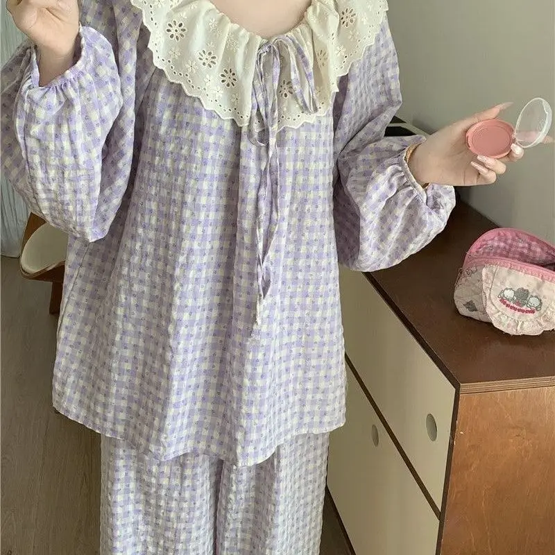 أطقم بيجامات نسائية لربيع وخريف 2025 جديدة بأكمام طويلة على الطراز الكوري ملابس منزلية لطيفة من الدانتيل طقم مكون من قطعتين ملابس بيجامات قطع