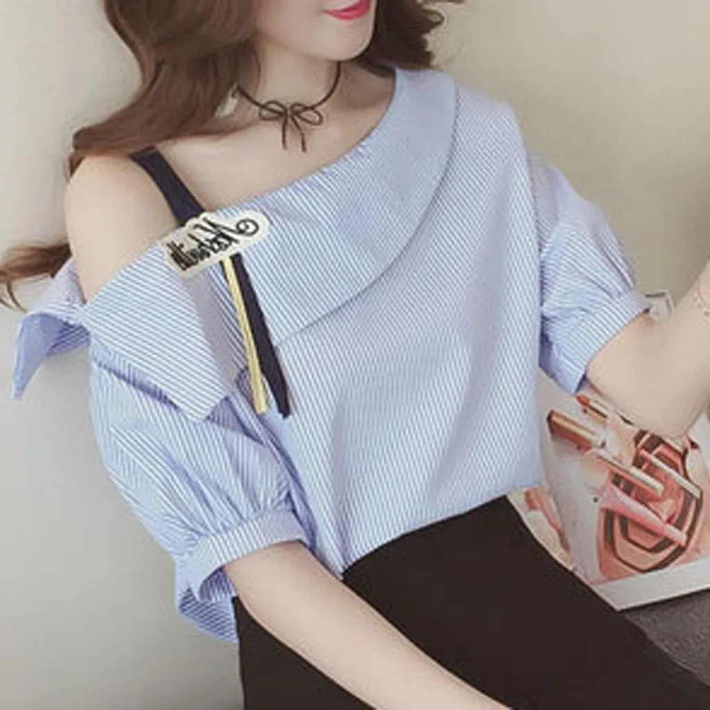 Women Top Fashion Stripe Cold Shoulder Tops Shirt Single Shoulder Short Sleeve Loose Blouse