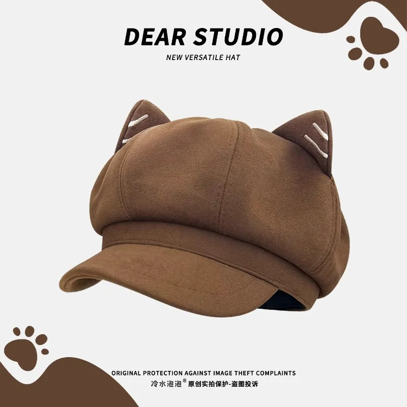 Bonés femininos com orelhas de gato, quentes, à prova de vento e guarda-sol, chapéus octogonais, moda criativa, retrô, bonés de beisebol, chapéus de pintor da moda