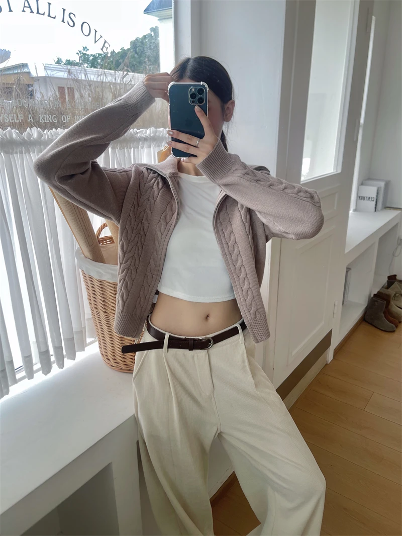 المرأة الياقة تويست متماسكة سترة قصيرة عارضة زيبر تصميم تحسس محبوك أعلى سترة صوفية عصرية #6