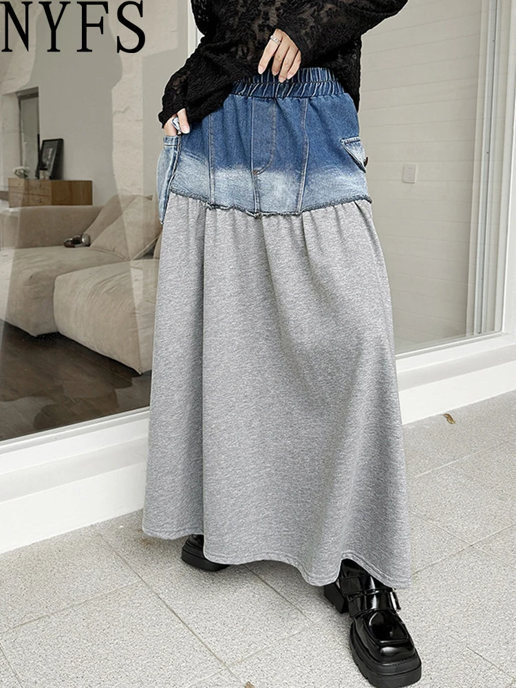 

NYFS 2024 Autumn New Vintage Woman Skirt Loose Plus Size High Waist Denim Patchwork Long Skirts Faldas Mujer Saias