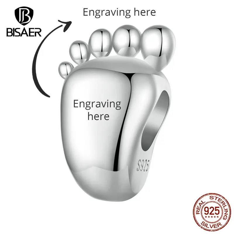 

BISAER Custom Footprint Charms Bead 925 Sterling Silver Engraved Dangle Pendant Fit Women DIY Bracelets Necklace Fine Jewelry
