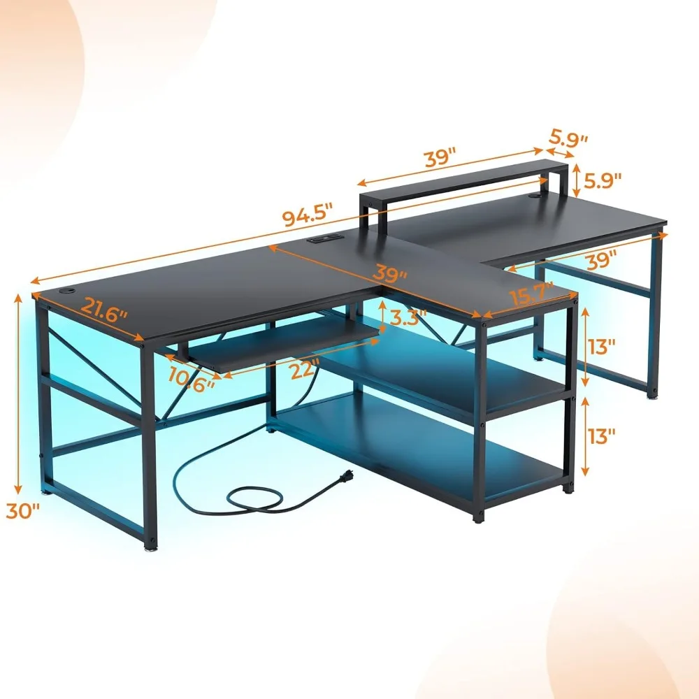 Premium 94.5 Office Computer Desk, 2 Person Gaming Desk with Storage, LED Lights, Keyboard Tray, Power Strip with USB & Monitor